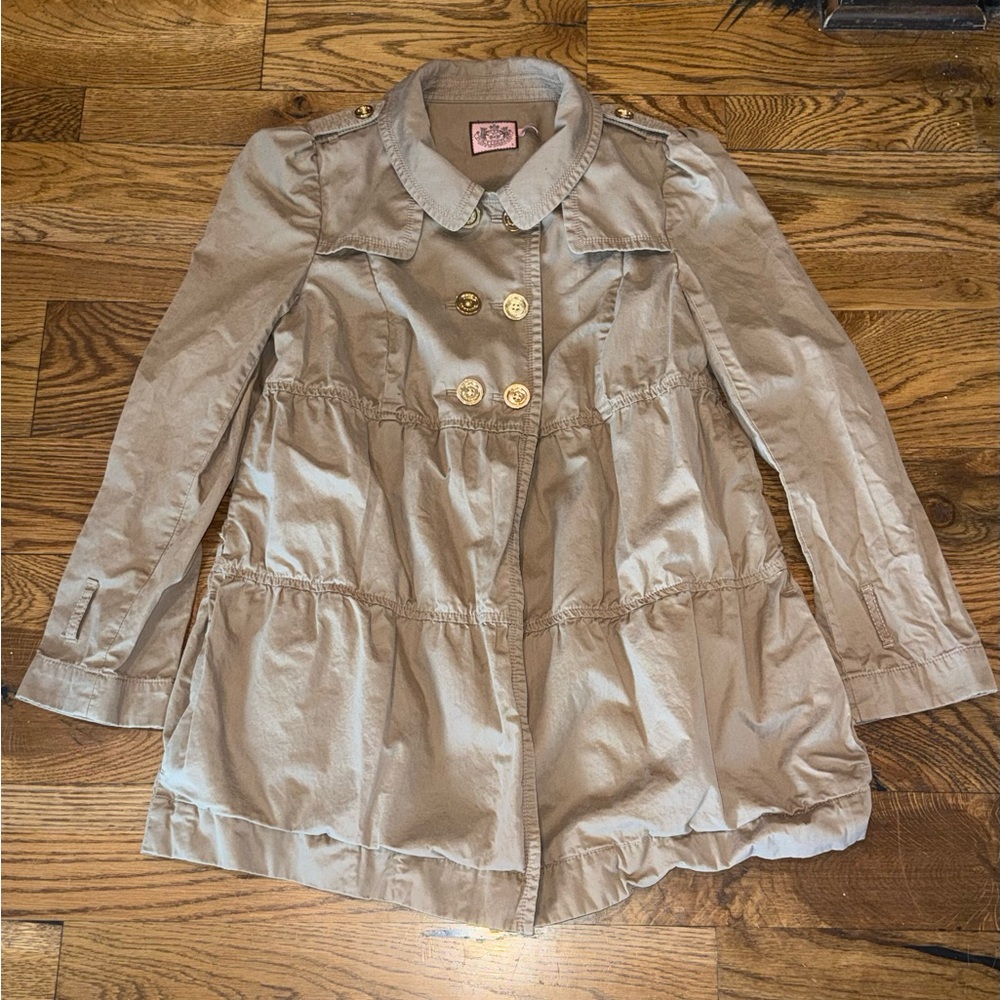 Juicy Couture. Vintage Y2K Babydoll Khaki Double Breasted Coat. Size Small.